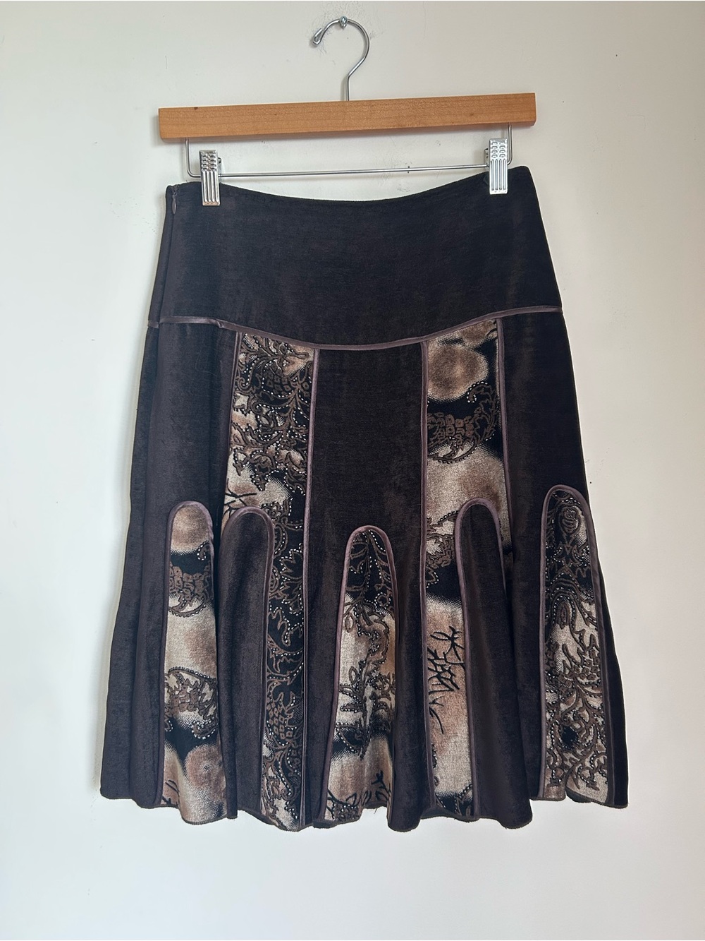 Women's Brown Velvet Panel A-Line Skirt